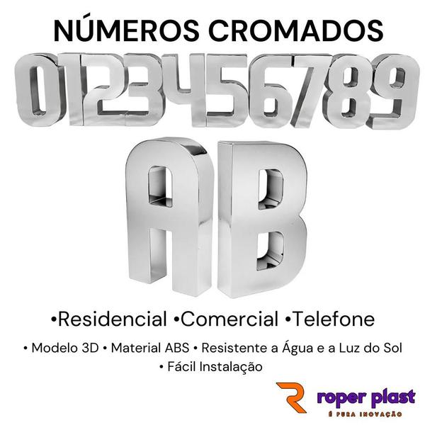 Imagem de Numerais Letras A, B De 0 a 9 Caixa Alta Placa Fachada Casa Residencial Comercial 3D Em ABS Cromado Proteção UV Resistente Roper Plast