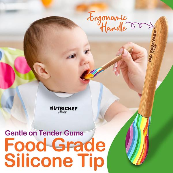 Imagem de NutriChef Baby Bamboo Dinnerware Set - 3 Partição Madeira Toddler Plate, Bowl, Silicone Bib & Spoon c/ Base de Sucção para Stay Put Feeding, BPA-Free, Hypoallergenic, For Children Aged 4-72 Mo. (Arco-íris)