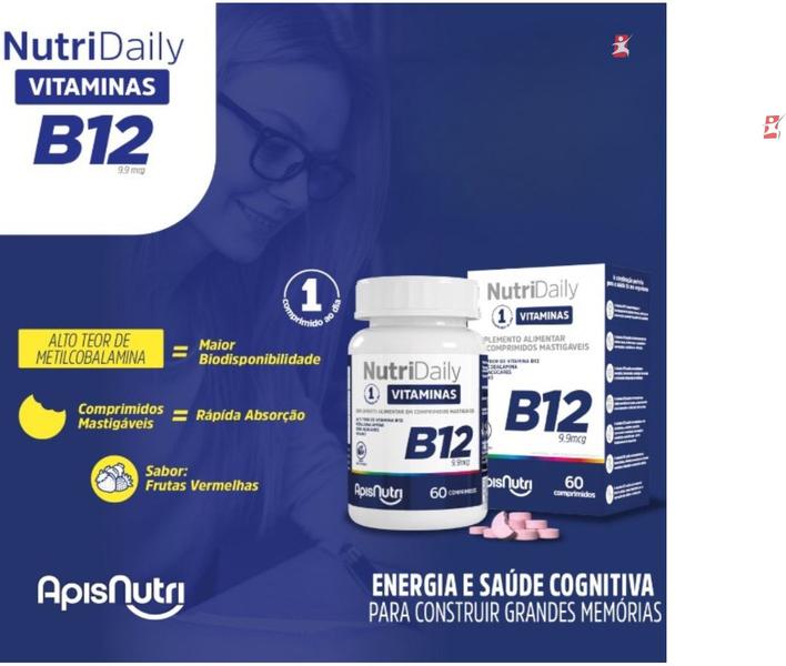 Imagem de Nutridaily vitamina b12 metilcobalamina 60 comprimidos mastigaveis frutas vermelhas - apisnutri