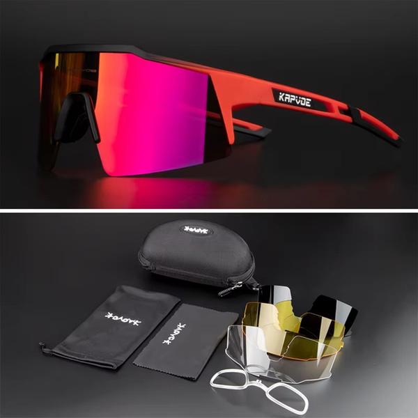 Imagem de Óculos de Ciclismo Vermelho Com 4 Lentes + Case - Kapvoe