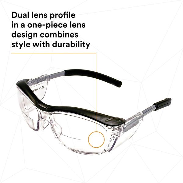 Imagem de Óculos de segurança 3M com leitores, Óculos Protetores Nuvo, +1.5, ANSI Z87, Lente Clara, Moldura Cinza Retrô, Ponte do Nariz Macio, Escudos Laterais