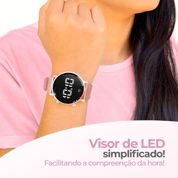 Imagem de Oculos sol + caixa + relogio feminino digital aço + pulseira ajustavel social inoxidável LED dourado