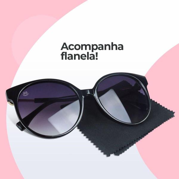 Imagem de Óculos Sol Feminino Preto Vintage Redondo Proteção Uv + Case