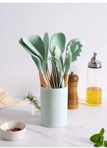 Imagem de ogo Kit Colheres De Silicone Cabo De Madeira 12 Peças Utensílios Cozinha Decoração Livre BPA VERDE