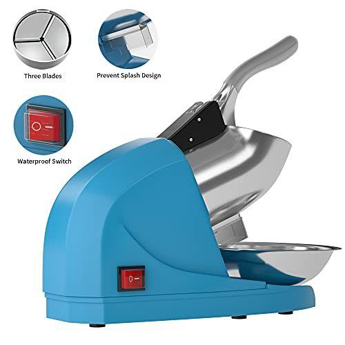 Imagem de OKF Barbeador de gelo Prevent Splash Electric Three Blades Snow Cone Maker Stainless Steel Shaved Ice Machine 220lbs/hr Home and Commercial Ice Crushers (Azul)