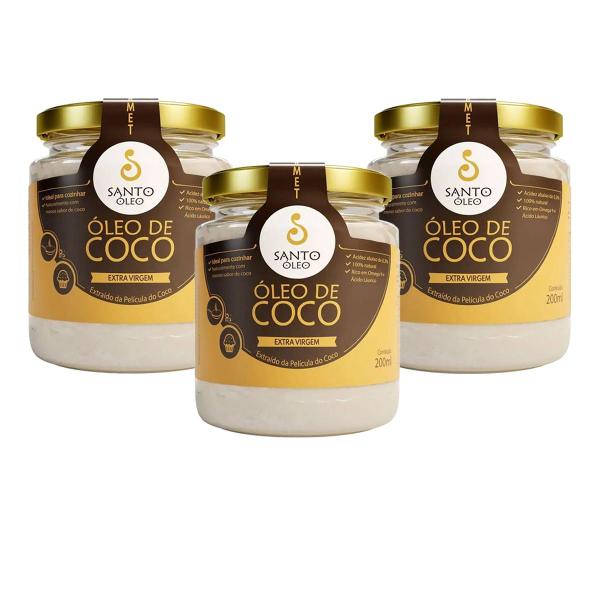 Imagem de Óleo de Coco Santo Óleo Extra Virgem Pote 200ml Kit c/ 3un