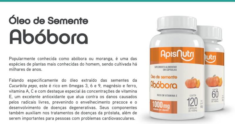 Óleo de Semente de Abóbora 1000mg 60 Cáps Apisnutri - SV Imagem de Óleo de Semente de Abóbora 1000mg 60 Cáps Apisnutri - SV