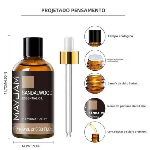 Óleo Essencial de Sândalo, Lavanda, Eucalipto e Baunilha (100ml) com Conta-Gotas Imagem de Óleo Essencial de Sândalo, Lavanda, Eucalipto e Baunilha (100ml) com Conta-Gotas