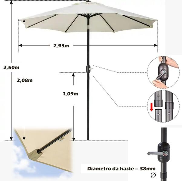 Imagem de Ombrelone 3 metros Com Base Branca Articulado De Manivela Maresias Para Piscina - AMZ