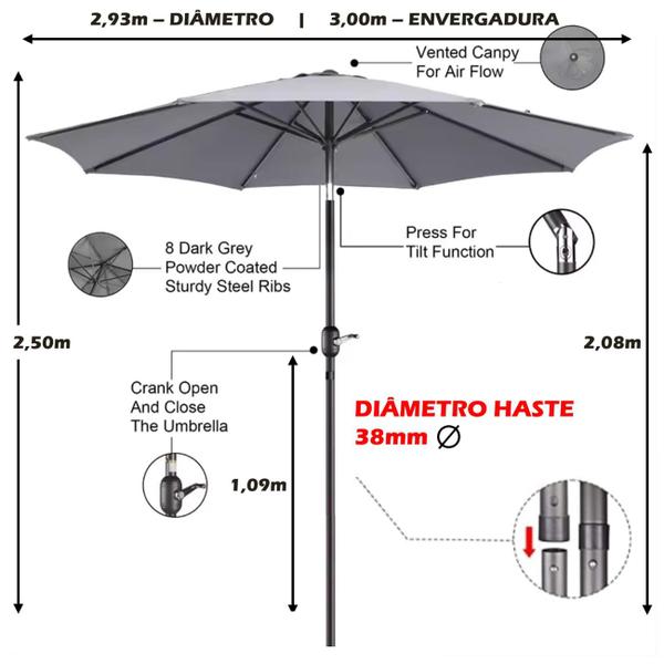 Imagem de Ombrelone 3 metros Com Base Preta Manivela Articulado Maresias Para Piscina Cinza - AMZ