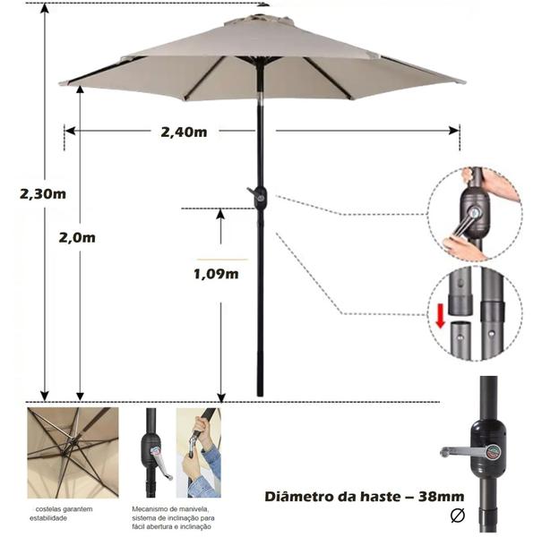 Imagem de Ombrelone Com Base Plástica para Piscina 2,5m de Manivela Articulado Ipanema Bege - AMZ