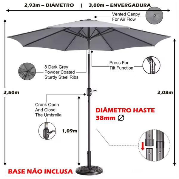 Imagem de Ombrelone Guarda Sol 3m Grande Com Manivela Articulado Jardim Piscina Maresias - AMZ