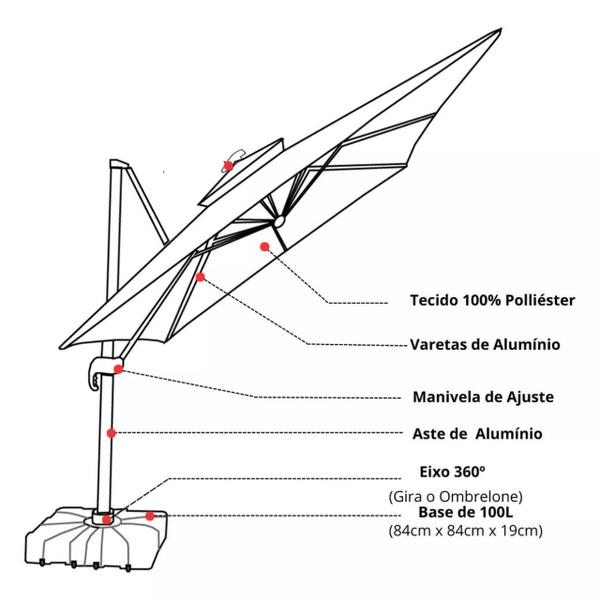 Imagem de Ombrelone Guarda Sol Premium Alumínio 2,5 x 2,5  C/ Base em 100L
