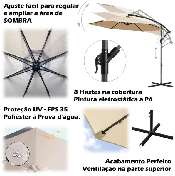 Imagem de Ombrelone Lateral Suspenso 3m Guarda Sol Piscina Jardim Kauai Bege - AMZ