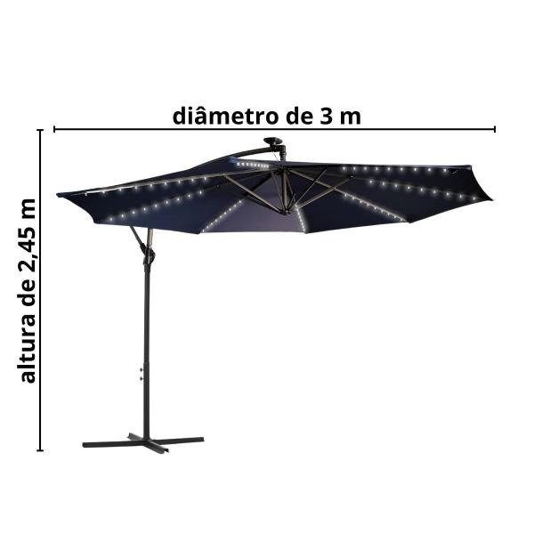 Imagem de Ombrelone Lateral Suspenso Jardim 3 metros com Led Alumínio Manivela Azul Importway Iwobll-300 AZ