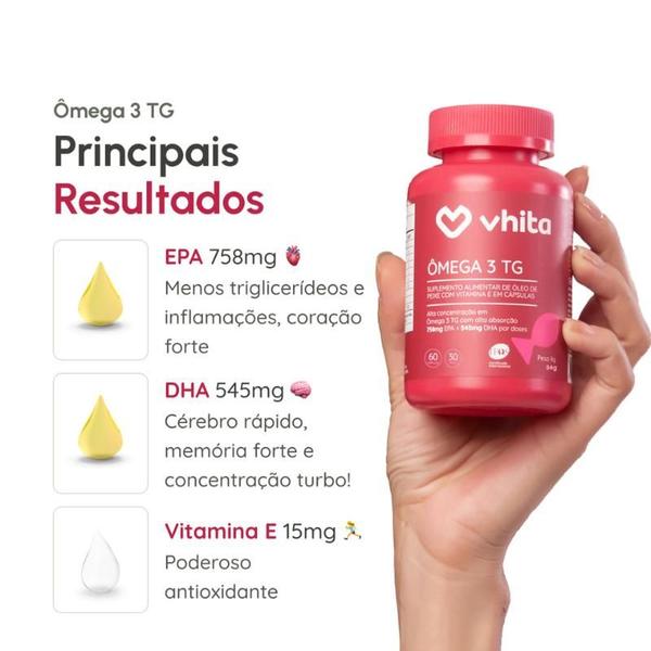 Ômega 3 1000mg TG - Importado e Rico EPA DHA Com Selo IFOS e Vitamina E de 60 cápsulas Vhita Imagem de Ômega 3 1000mg TG - Importado e Rico EPA DHA Com Selo IFOS e Vitamina E de 60 cápsulas Vhita