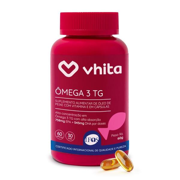 Ômega 3 1000mg TG - Importado e Rico EPA DHA Com Selo IFOS e Vitamina E de 60 cápsulas Vhita Imagem de Ômega 3 1000mg TG - Importado e Rico EPA DHA Com Selo IFOS e Vitamina E de 60 cápsulas Vhita