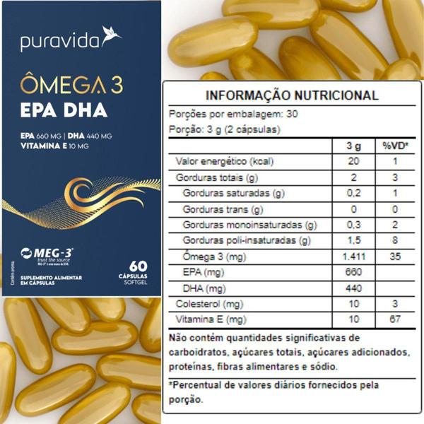 Imagem de Ômega 3 1411mg EPA 660mg DHA 440mg Vitamina E 10mg 60 Cápsulas Pura Vida Selo Meg-3 - Puravida