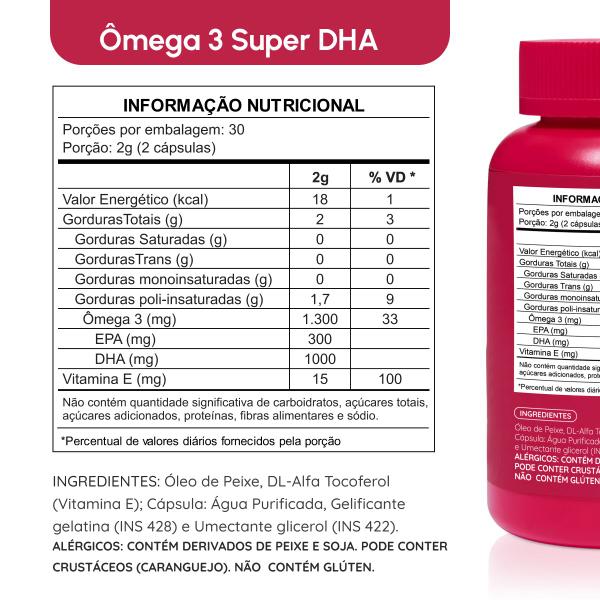 Imagem de Ômega 3 DHA 1000mg Com Vitamina E Rico Em DHA - Tecnologia TG e Selo IFOS 60 cápsulas Vhita 3 unidades