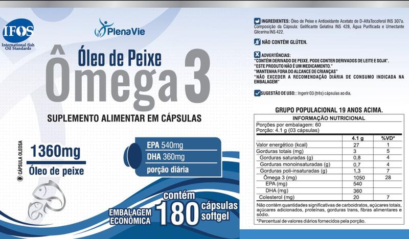 Imagem de Omega 3 DHA EPA 1360mg 180 cáps Econômico Selo IFOS PlenaVie