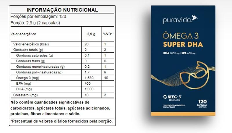 Imagem de Omega 3 Super DHA 1.000 mg + EPA 400 mg com 120 Cápsulas Softgel-Pura Vida