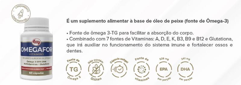 Imagem de Omega 3 Vitamins Omegafor com EPA 326 mg e DHA 341 mg + Glutationa 5 mg com 60 cápsulas - Vitafor