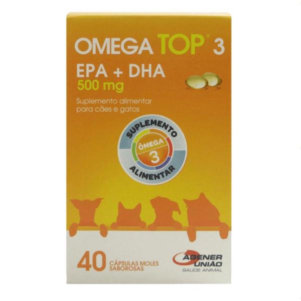 Imagem de Omega Top 3 EPA + DHA 500mg Suplem. Alimentar C/ 40 cápsulas Moles Saboosas P/ Cães e Gatos - Agener