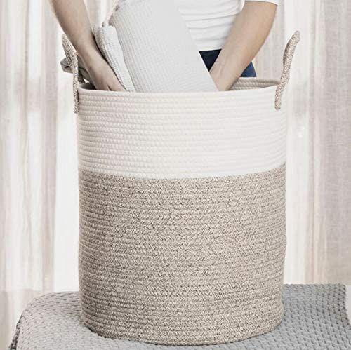 Imagem de OrganiHaus Baby Laundry Basket  Bebê Hamper  Toy Bin para cães  Grandes cestas de cobertores sala de estar  Cestas macias tecidas altas para  de armazenamento Cesta de armazenamento de corda de algodão para sapatos - Cesta Marrom (15x18)