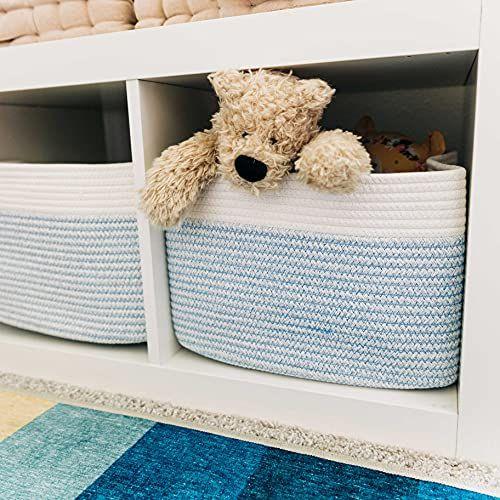 Imagem de OrganiHaus Blue Blanket Basket Sala de estar 3-Pack  Cesta de sapatos  Cestas tecidas para  de armazenamento Cestas de toalhas para banheiro  Cestas de corda de algodão para armazenamento de  Cesta de armazenamento de berçário decorativo