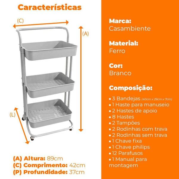 Imagem de Organizador Carrinho Multiuso 3 Prateleiras Branco - Casambiente