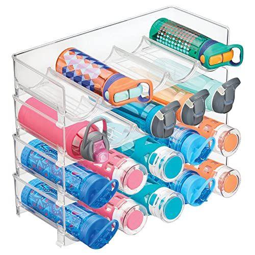 Imagem de Organizador de armazenamento de garrafas de água e vinho de plástico mDesign para bancadas de cozinha, mesa, despensa, geladeira - empilhável - comporta 5 garrafas cada, pacote com 4 - transparente