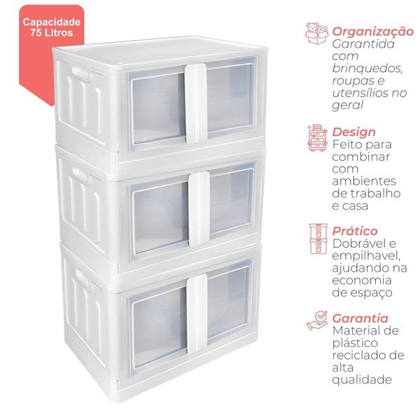 Imagem de Organizador De Caixa Desmontável Com Porta Dupla Branca 75 Litros Pra Armazenamento