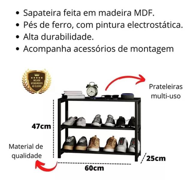 Imagem de Organizador de Calçados Estilo Industrial com Suporte para Celular e Relógio em MDF Preto