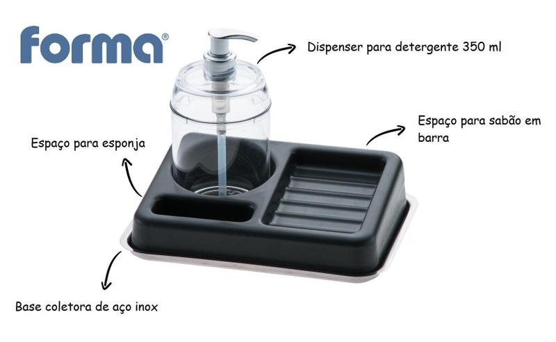 Imagem de Organizador de Pia com Dispenser para Detergente 350ml Preto Suporte Para Esponja Bucha Sabão Em Barra Cozinha Organizada