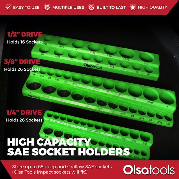 Imagem de Organizador de soquetes Olsa Tools Magnetic de 3 peças SAE Green