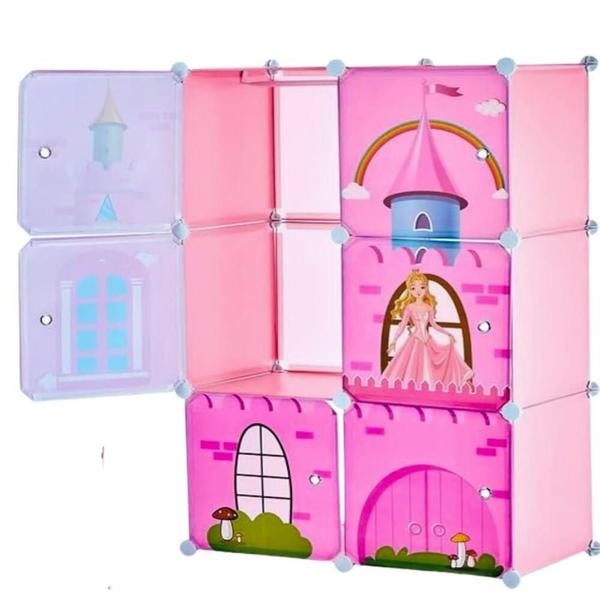 Imagem de Organizador infantil rosa guarda roupa armário portátil sapateira 6 portas meninas