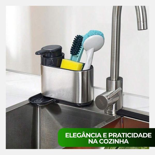 Imagem de Organizador Luxo Dispenser Detergente Pia Cozinha Porta Espoja Aço Inox Metalla 250ml