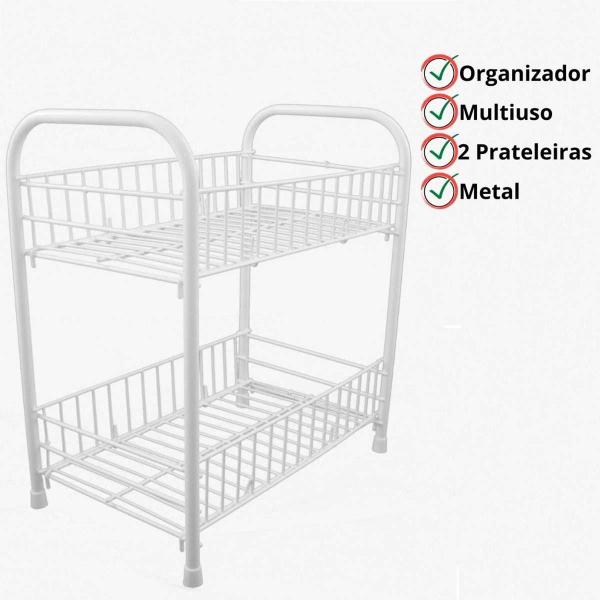 Imagem de Organizador Multiuso 2 Prateleiras Branco Metal para Cozinha Lavanderia Banheiro