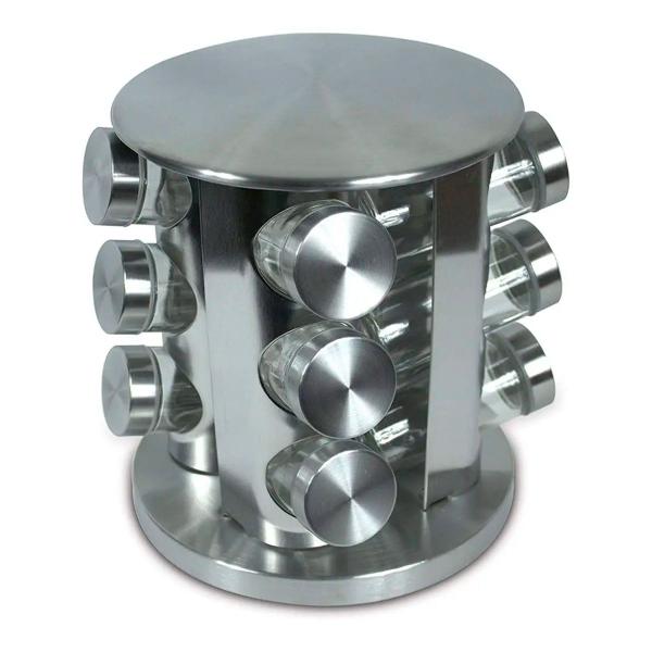 Organizador Porta Condimento Giratório Vidro Tampa Inox Para Temperos - BELLATOR Imagem de Organizador Porta Condimento Giratório Vidro Tampa Inox Para Temperos
