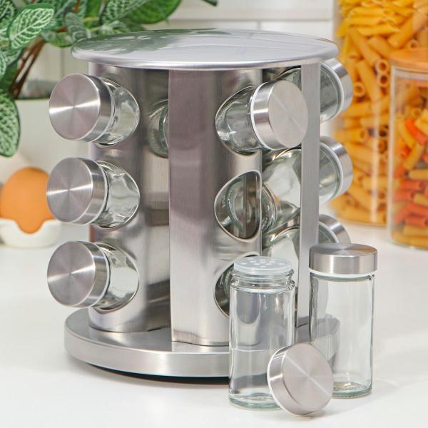 Organizador Porta Condimento Giratório Vidro Tampa Inox Para Temperos - BELLATOR Imagem de Organizador Porta Condimento Giratório Vidro Tampa Inox Para Temperos