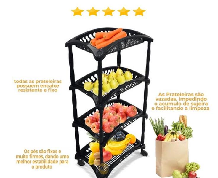 Imagem de Organizador Prateleira plástico chão Vertical cozinha  Fruteira Preto 4 Andares com rodas