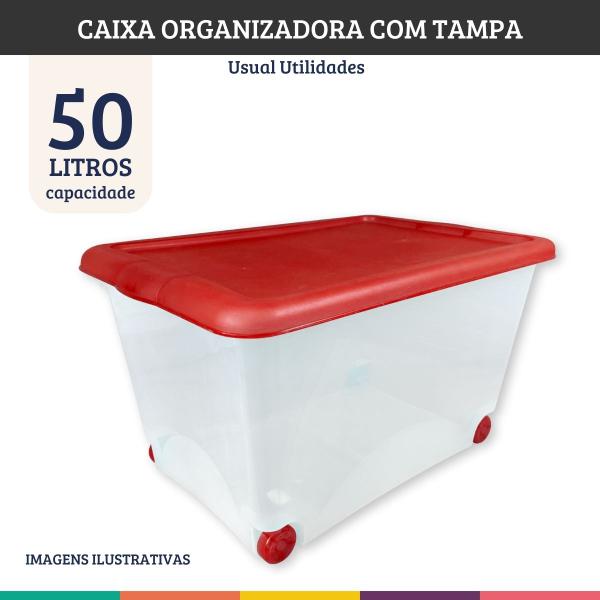 Imagem de Organizador Translucido Tampa Vermelho 50 Litros Usual