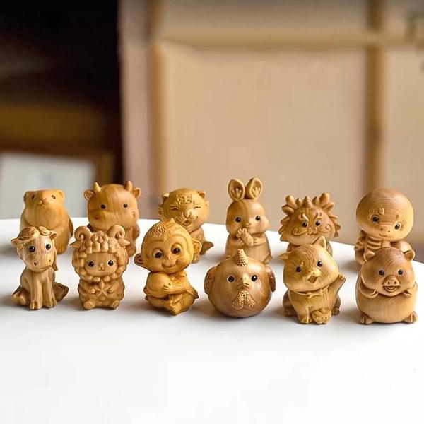 Imagem de Ornamentos Em Miniatura De Animais Do Zodíaco, Escultura Em Madeira, Mouse, Boi, Tigre, Coelho,