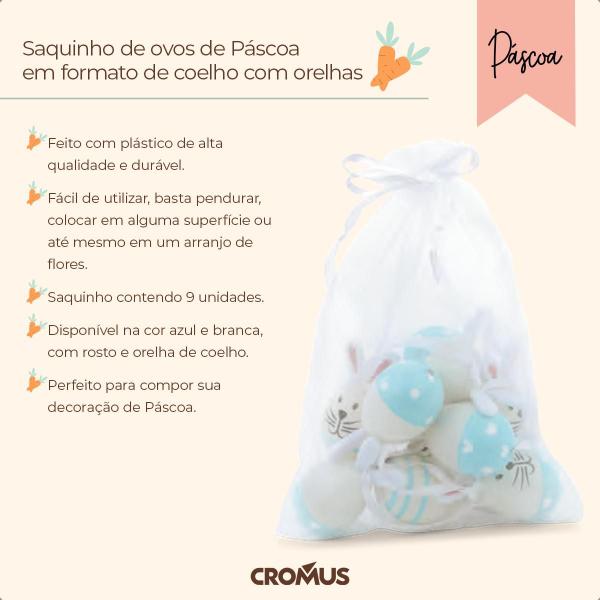 Imagem de Ovinhos de Páscoa decorativos no saquinho para pendurar Azul e Branco Coelinho 9 Un 5,5cm