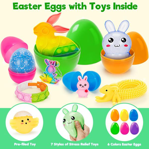 Ovos de Páscoa pré-recheados Jusmile com brinquedos para alívio do estresse, pacote com 36 - Jyusmile Imagem de Ovos de Páscoa pré-recheados Jusmile com brinquedos para alívio do estresse, pacote com 36