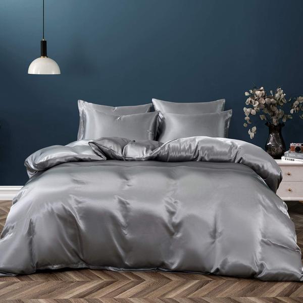 Imagem de P Pothuiny 5 peças Satin Duvet Capa King Size Set, Luxury Silky Like Grey Duvet Capa Loto com fecho de zíper, 1 capa de edredom + 4 caixas de travesseiro (sem conforto)