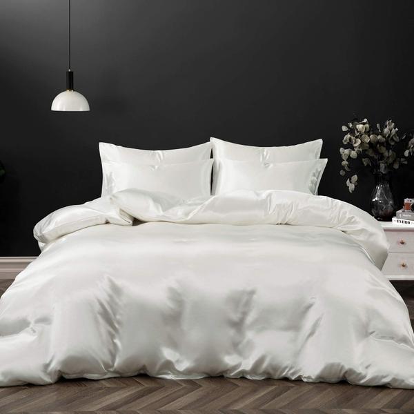 Imagem de P Pothuiny 5 peças Satin Duvet Capa King Size Set, Luxury Silky Like Ivory White Duvet Capa De cama Conjunto de Cama com Fecho zipper, 1 capa de edredom + 4 caixas de travesseiro (sem conforto)