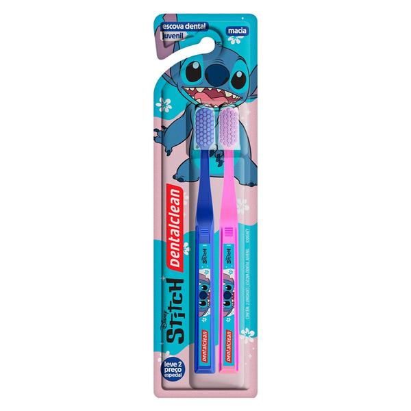 Imagem de Pack 2 Escovas de Dente Cerdas Macia Lilo e Stitch Juvenil Azul Rosa Soft Dentalclean