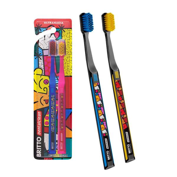 Imagem de Pack 2 Escovas Dentais Ultramacia Fina Ultra Soft Kit Romero Britto Dentalclean