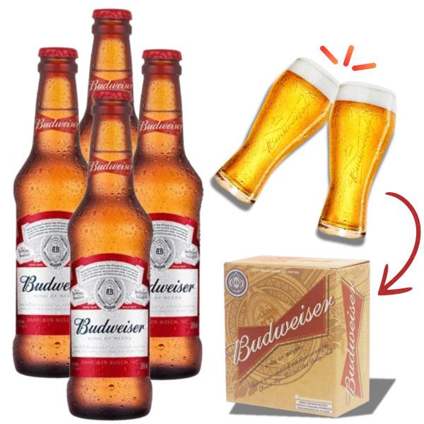 Imagem de Pack 4 Cervejas Budweiser Long Neck 330ml + 2 Copos Oficiais